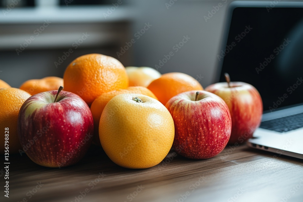 Poster fresh apples and oranges arranged on a wooden table next to a laptop during a bright afternoon