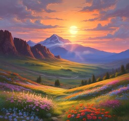 Illustration of spring landscape with field and flowers.