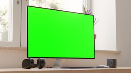 Computer all in one with a green screen monitor, highlighting a clean work environment with natural light and greenery. A smooth camera movement from a low perspective upward.