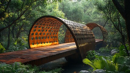 Serene Wooden Bridge in Lush Tropical Forest Tranquil Nature Scene Architectural Design