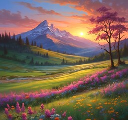 Illustration of spring landscape with field and flowers.