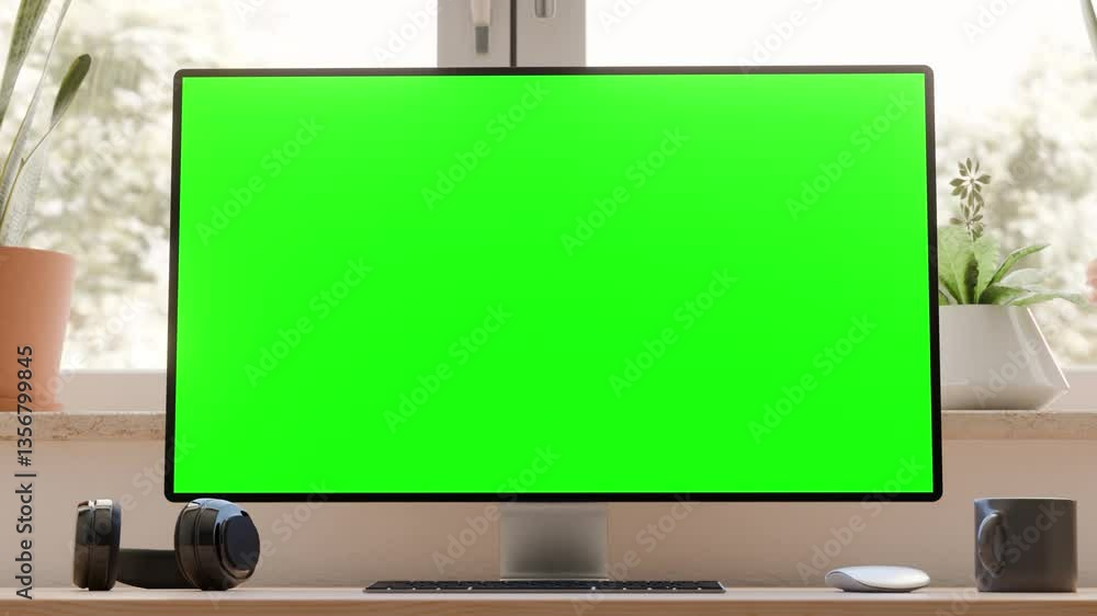 Poster computer all in one with a green screen monitor, highlighting a clean work environment with natural 