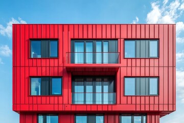 Fototapeta premium Modern red building facade against a clear blue sky highlighting architectural design and urban landscape