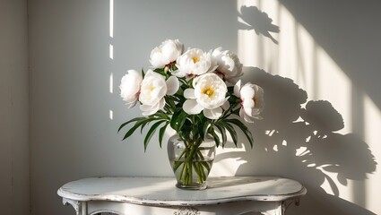 Delicate white peonies in a clear vase on a vintage white table, casting soft shadows on a light wall, creating an elegant ambiance.