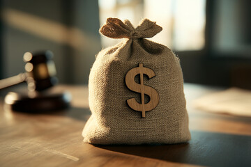 Close-up of burlap money bag with wooden dollar sign, on wooden surface, blurred gavel in background, showcasing financial, legal, or investment concepts
