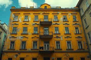 Building with peeling yellow paint and faded charm in an urban setting during the daytime