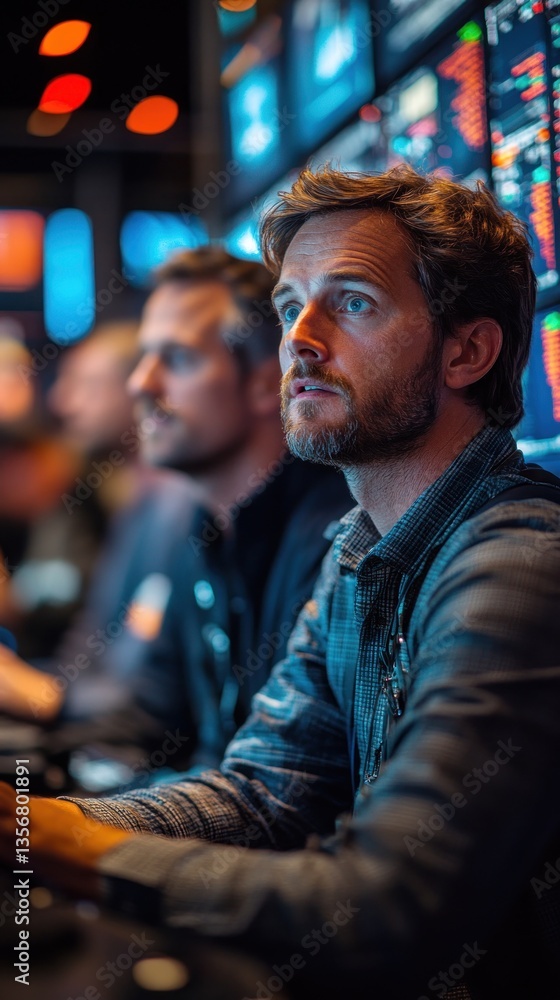 Poster focused man in a control room, monitoring data streams on screens
