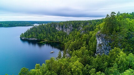 Fototapeta premium Serene nature landscape lake region aerial photography lush greenery overhead view tranquil beauty