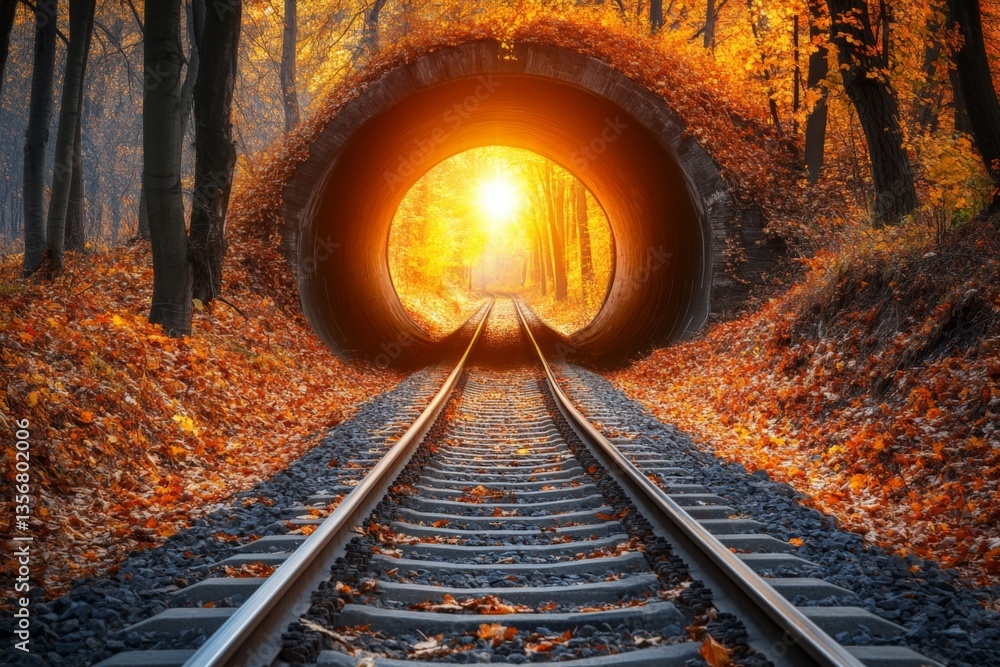 Poster sunlight streaming through a railway tunnel surrounded by vibrant autumn foliage at sunset