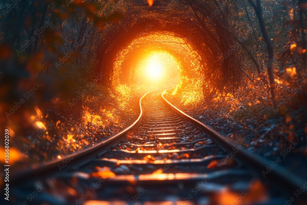 Aufkleber Beautiful railway tunnel illuminated by warm sunset light in a forest setting, creating a magical atmosphere