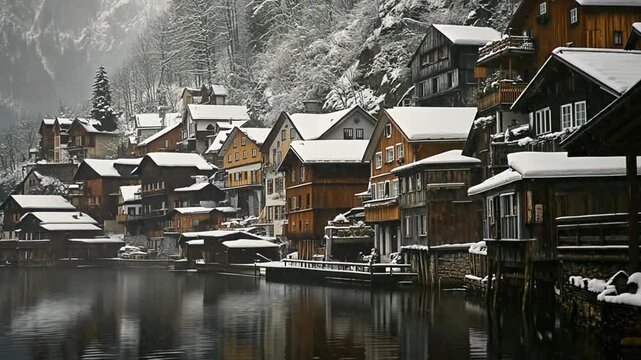 Snowy charm a serene waterside village scene of traditional wooden houses nestled against a snow-covered mountainside during a quiet winter season
