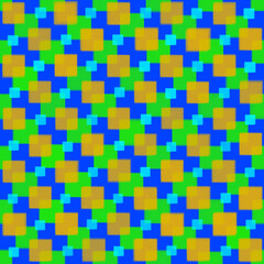 Illustration, background in the form of a seamless checkered pattern of orange, green and blue squares on a blue background