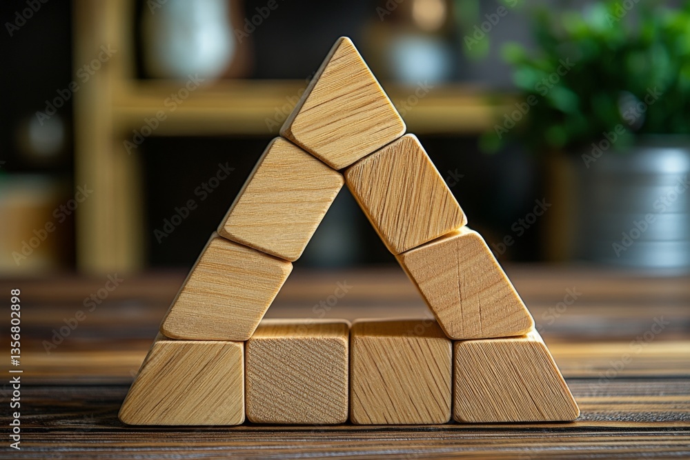 Poster Wooden blocks arranged in a triangular shape on a rustic wooden surface with a blurred background