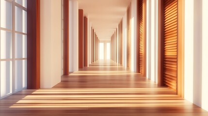 Fototapeta premium Long corridor with wooden panels and sunlight illuminating modern interior design