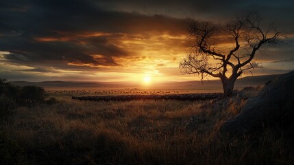 Golden sunset over serene landscape with grazing animals in nature's embrace