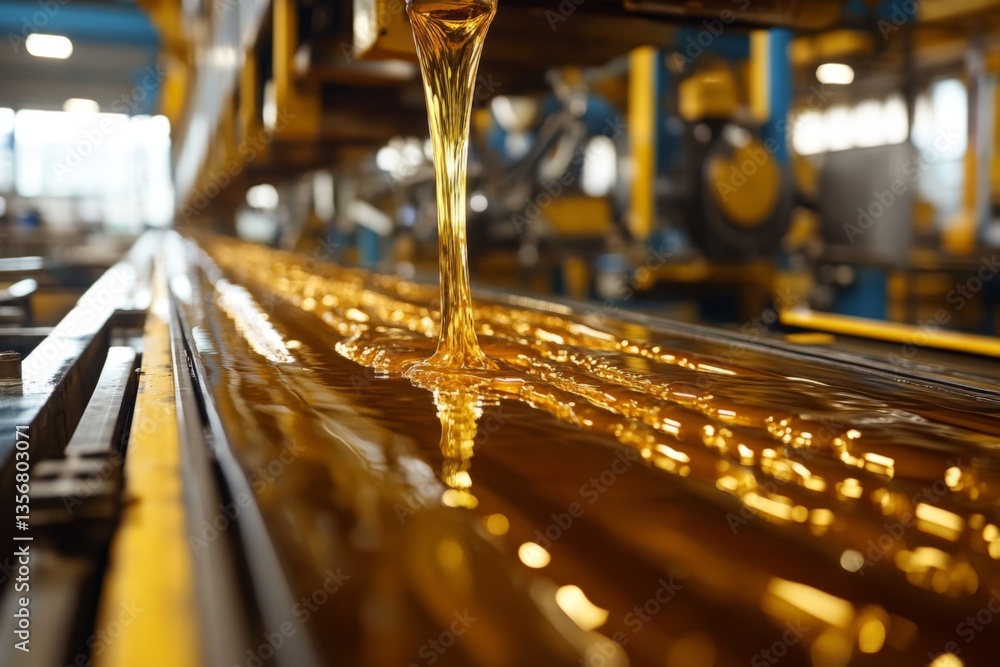 Poster golden liquid flows steadily in a factory setting during industrial production process