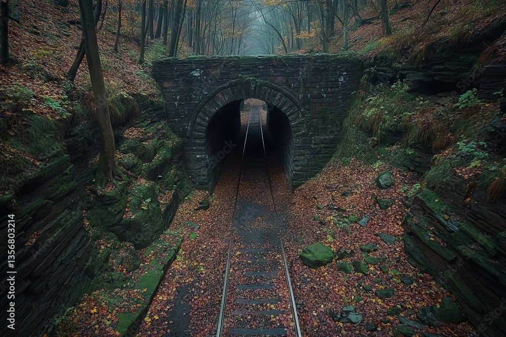 Poster abandoned railway tunnel surrounded by autumn foliage in a forested area at dusk