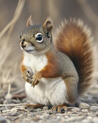 Captivating squirrel portrait with fluffy tail and expressive eyes in natural habitat ground level view