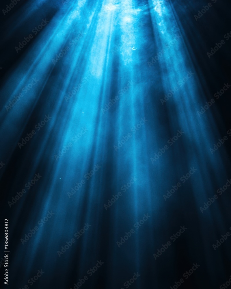 Poster ethereal underwater light beams create a serene and captivating atmosphere with a deep blue backgrou