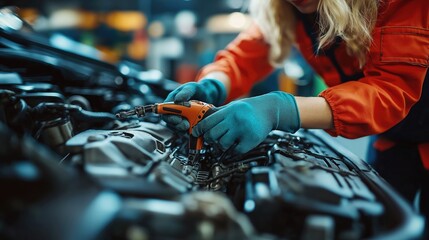 Skilled mechanic using a power tool to repair an engine in a workshop, showcasing precision and expertise.