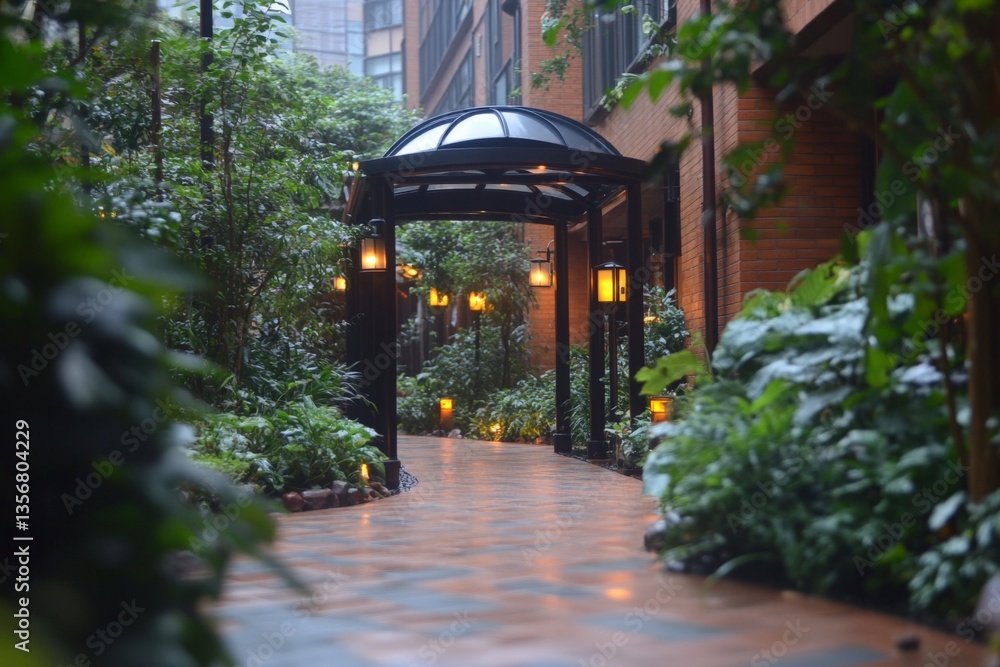 Aufkleber serene garden pathway illuminated by lanterns within a lush urban retreat during twilight hours