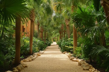 Lush tropical pathway surrounded by palm trees in a serene garden setting on a sunny day