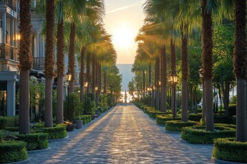 Obraz premium Peaceful sunset stroll along a palm tree-lined pathway with glowing lanterns in a serene location