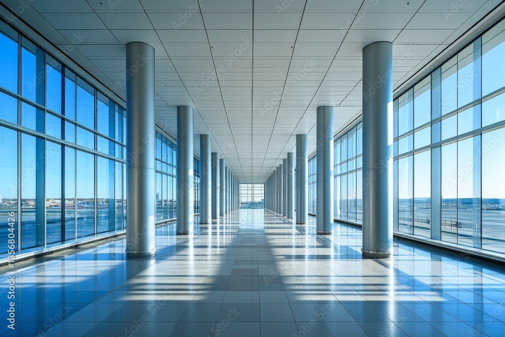 Poster modern airport terminal corridor with large windows showcasing bright blue sky and reflections on th