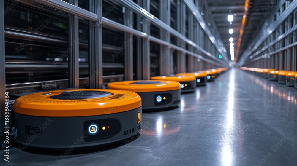 Poster Advanced automated robots move along the warehouse aisles, efficiently sorting and organizing inventory for quick and precise order fulfillment in a high tech logistics facility.