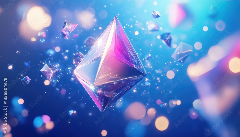 Poster abstract 3d render of pink and purple crystal geometric shapes with bokeh lights