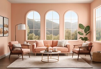 Fototapeta premium Modern Living Room with Peach Sofa and Mountain View