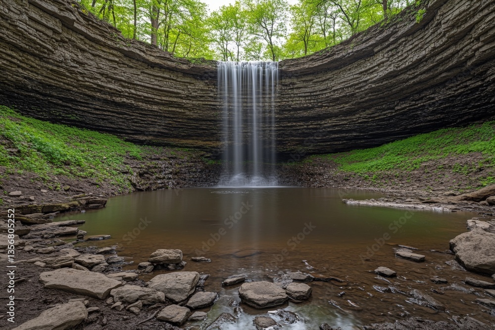 Poster majestic waterfall cascades into serene pool surrounded by lush greenery in tranquil forest setting