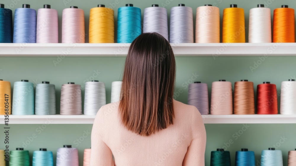 Aufkleber vibrant multicolored thread spools neatly arranged on a minimalist studio shelf showcasing a designe
