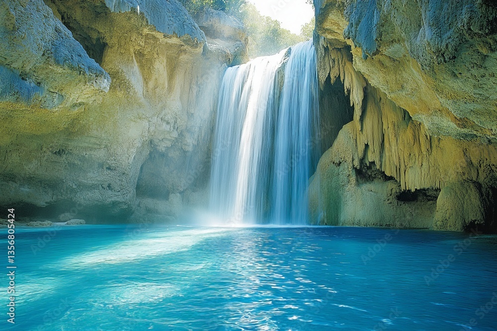 Poster majestic waterfall cascading into crystal-clear pool surrounded by lush greenery during bright sunny