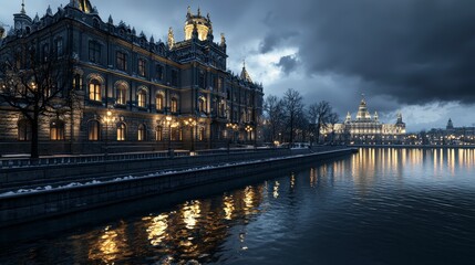 Obraz premium Evening reflections on architectural beauty moscow cityscape photography urban environment serene viewpoint