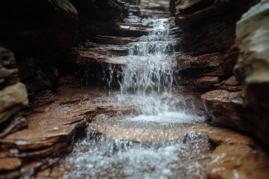 Flowing water cascades over rocky terrain in a serene natural setting during daylight hours - Powered by Adobe