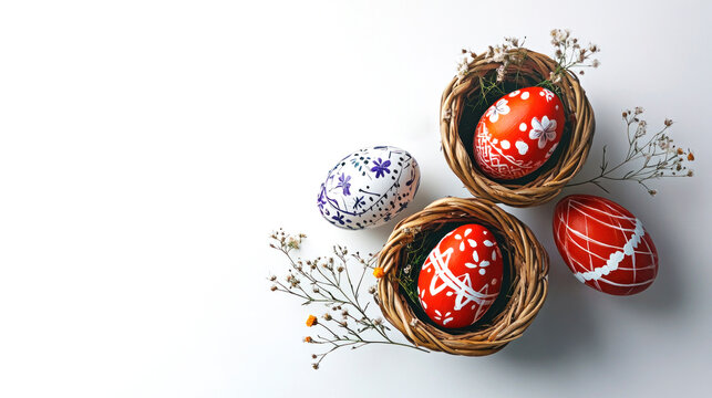 Red patterned Easter eggs in wisker backets arranged with delicate flowers. Flat lay Easter mock up.