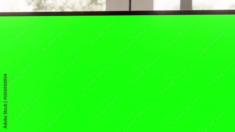 Poster computer all in one with a green screen monitor, highlighting a clean work environment with natural 