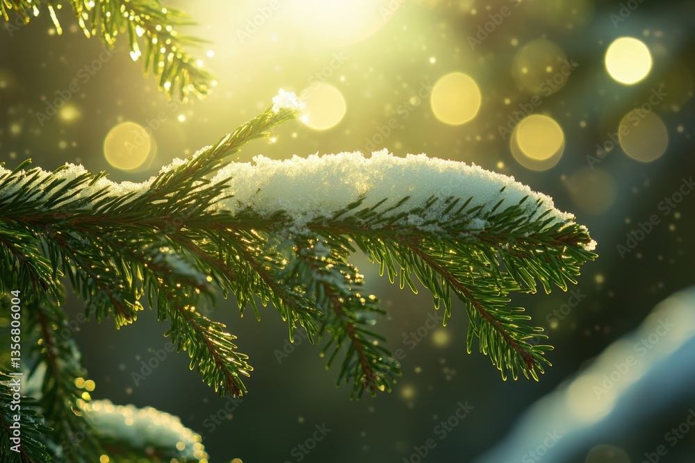 Poster enchanting winter scene of snow covered pine branch glistening in sunlight with bokeh background cre