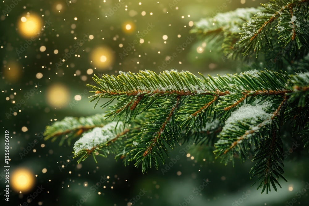 Poster festive evergreen branch adorned with snow and sparkling bokeh lights creating a magical winter ambi