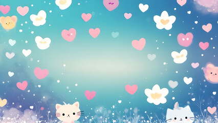 Cute kittens and hearts floating on a magical background
