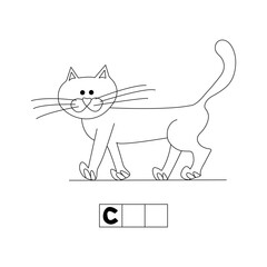 Cat, English alphabet, abc, riddle, coloring for kids, letter C, crossword, black and white doodle