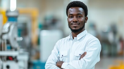 Portrait of a focused African technician carefully calibrating and adjusting a precision tool in an industrial manufacturing or workshop setting