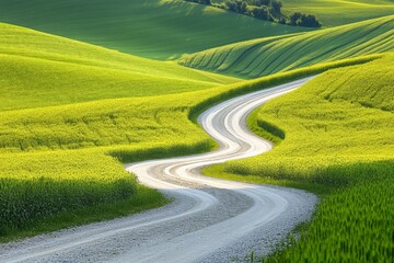 Naklejka premium Winding dirt road through vibrant green fields on a sunny day in the countryside