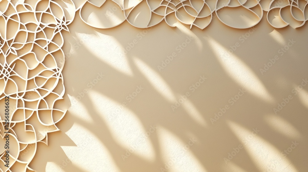Poster intricate wooden patterns adorn the corner of a calm interior space, casting soft shadows on a smoot