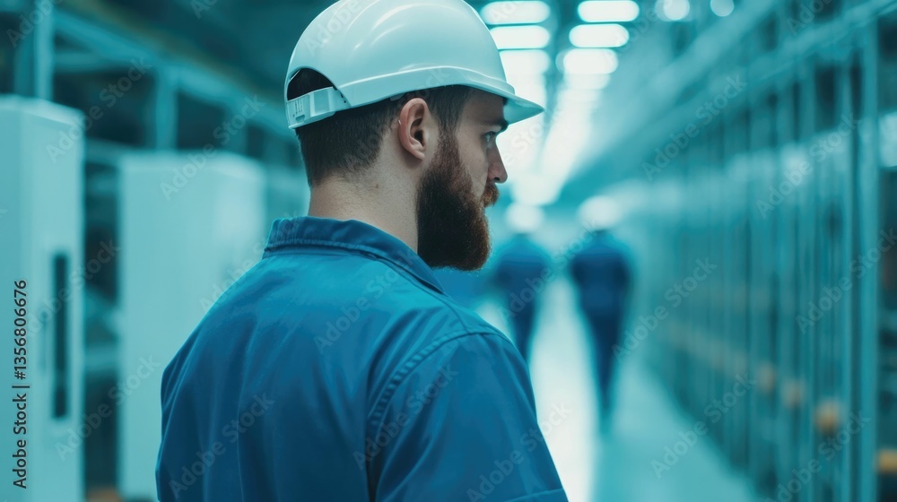 Poster foreman in blue uniform explaining procedures to group of workers on the factory floor of an industr