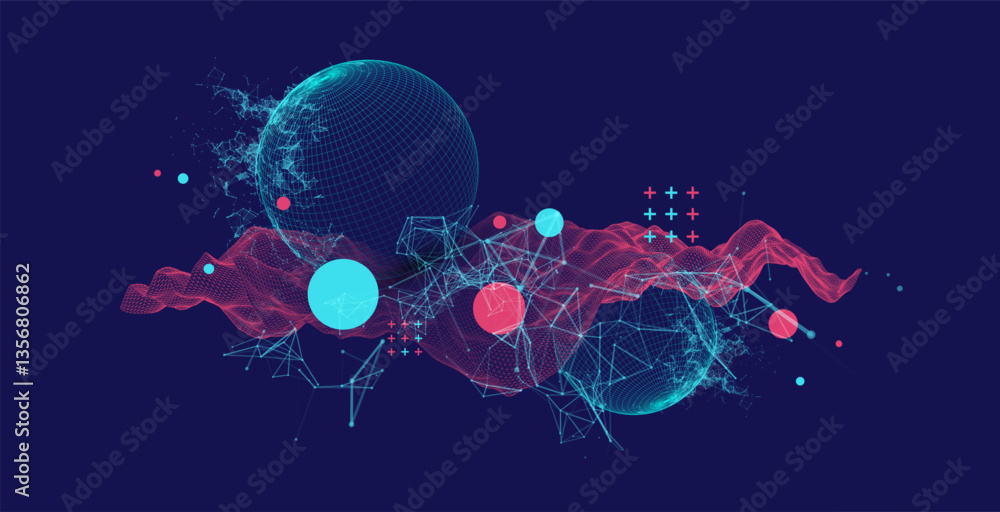 Aufkleber Science fiction background. Abstract image of wireframe wave and sphere with plexus effect.