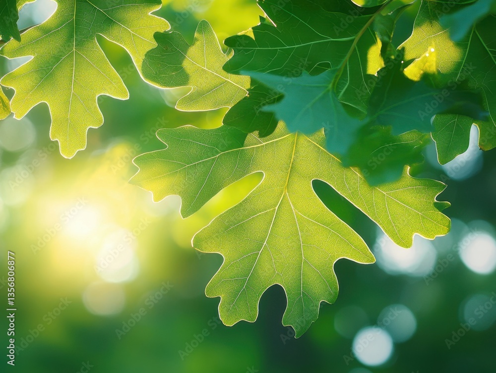 Poster radiant oak leaves bathed in sunlight creating a vibrant green canopy with bokeh background and a so