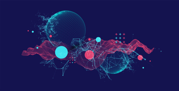 Science fiction background. Abstract image of wireframe wave and sphere with plexus effect.