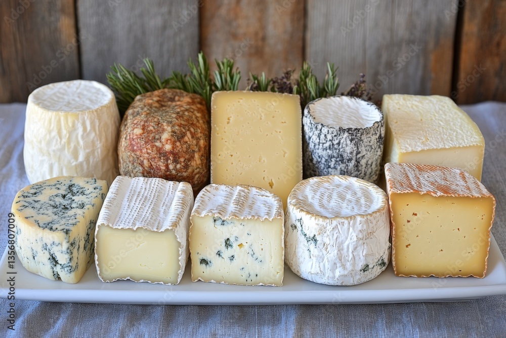 Poster Assorted gourmet cheeses displayed on a platter with herbs and rustic background for a culinary experience